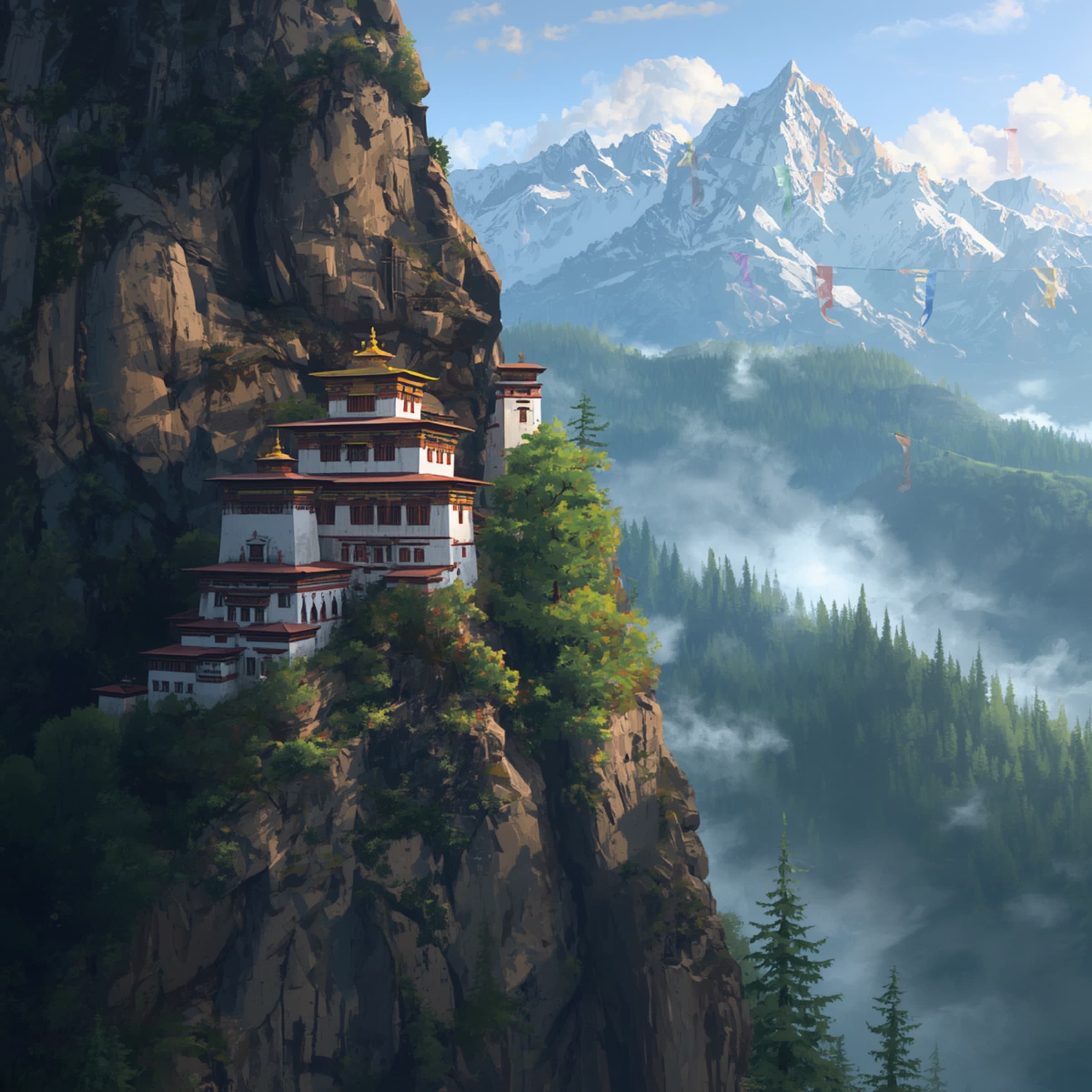 Bhutan valley monastery and mountain landscape